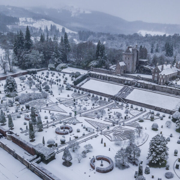 Snow covered Drummond Castle Gardens, Perthshire as Storm Christoph hits the UK. The gardens are one of Europe’s and Scotland’s most important and impressive formal gardens which date back to the 17th Century. Jan 20 2021